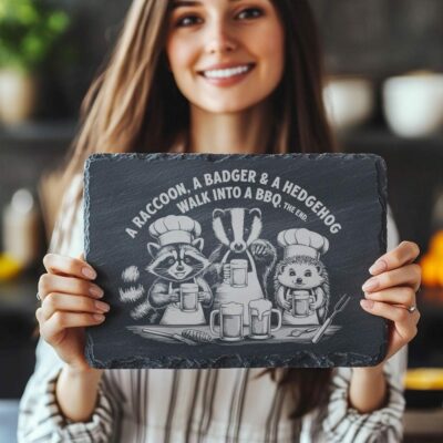 Engraved Slate Cheese Board with Woodland Creatures: Raccoon,