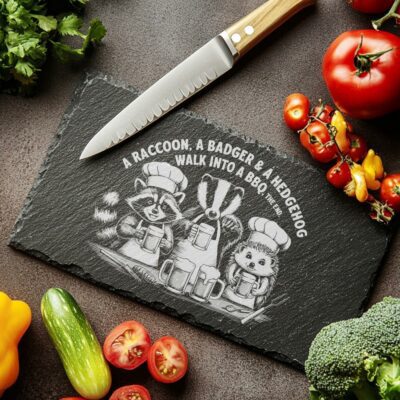 Engraved Slate Cheese Board with Woodland Creatures: Raccoon,