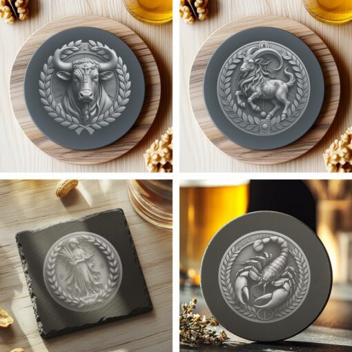 12 Disegni dell'Oroscopo Zodiacale 3D, Illusione Ottica, Coaster in Pietra Lavagna, File PNG, Decorazione Casa - immagine 2