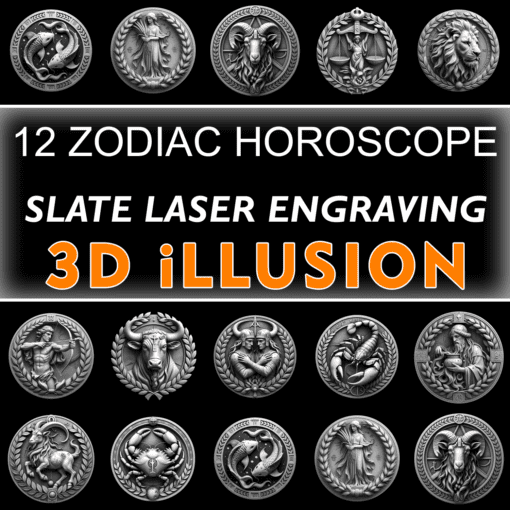 12 Disegni dell'Oroscopo Zodiacale 3D, Illusione Ottica, Coaster in Pietra Lavagna, File PNG, Decorazione Casa