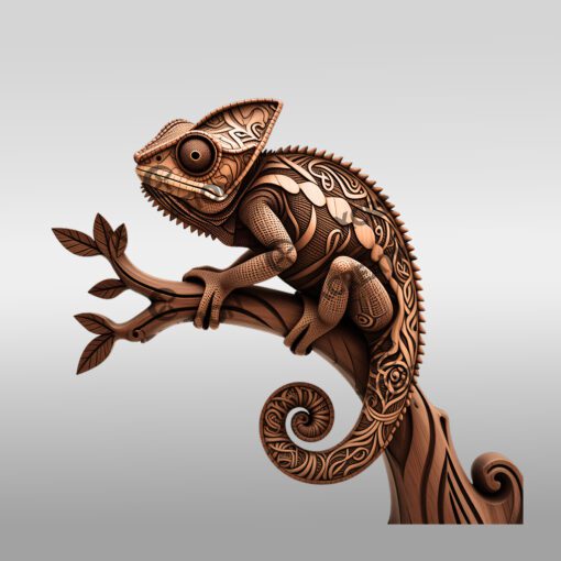 Diseño 3D para grabado láser de animales, arte único de camaleón en una rama para proyectos.