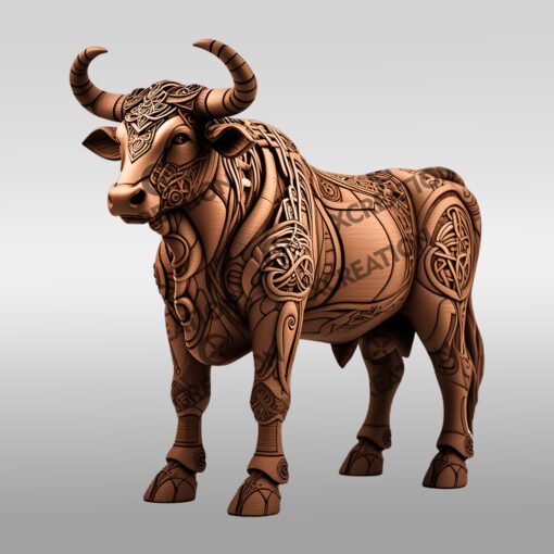Fichier d'art numérique, design de taureau d'illusion 3D, gravure décorative animalière majestueuse pour la maison