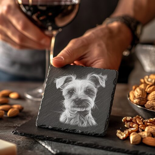 Disegno inciso su pietra lavica per tappetino porta bevande, cane in illusione 3D, PNG di alta qualità, decorazione per la casa