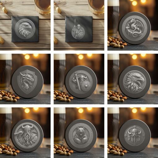 Pacchetto 60 Coasters in pietra ollare con incisione 3D Illusione Vichingo, Drago, Lupo, Aquila PNG - immagine 5