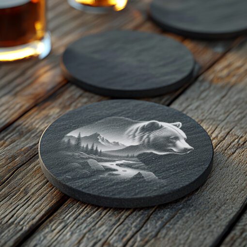 Diseño grabado en pizarra para posavasos de doble exposición de oso y montaña, decoración de la naturaleza. - Imagen 5