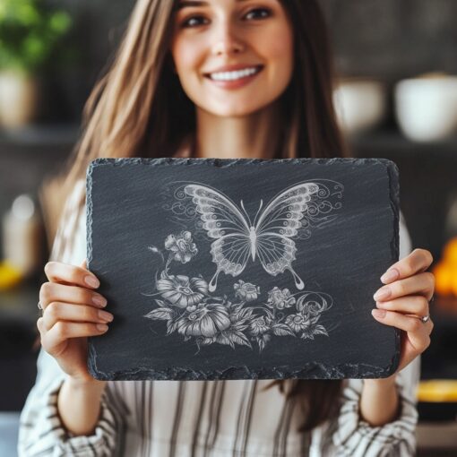 Tabla de queso con grabado láser de mariposa y flor, decoración de cocina, para fiambreras. - Imagen 2