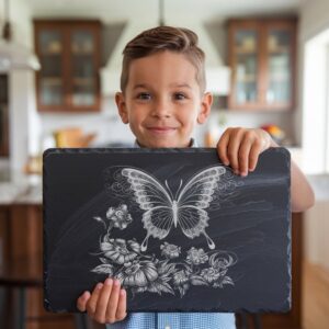 Butterfly and Flower Slate Cheese Board Laser Engraving