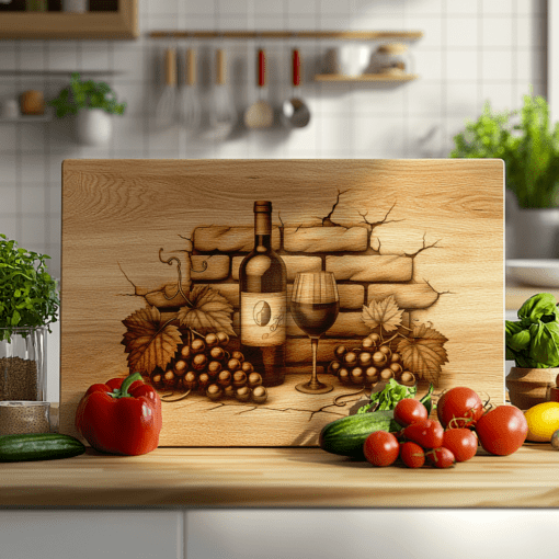 Design di incisione per tagliere di salumi, arte su bottiglia di vino retrò, decorazione per cucina con muro di mattoni - immagine 5