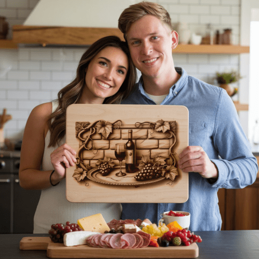 Disegno incisione tagliere di salumi, bottiglia di vino retrò, muro di mattoni, decorazione per cucina - immagine 2