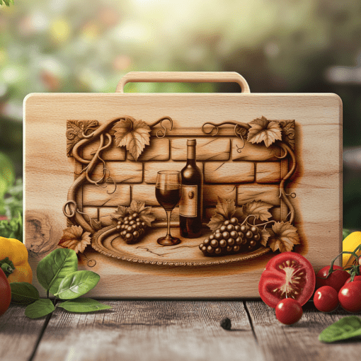 Disegno incisione tagliere di salumi, bottiglia di vino retrò, muro di mattoni, decorazione per cucina - immagine 3