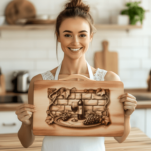 Disegno incisione tagliere di salumi, bottiglia di vino retrò, muro di mattoni, decorazione per cucina - immagine 6