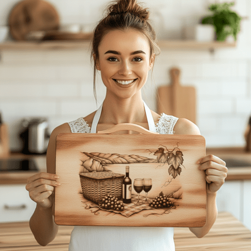 File di incisione per tagliere di salumi, bottiglia di vino retrò 3D, uva, decorazione da cucina - immagine 3