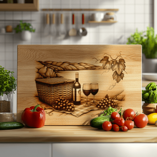 File di incisione per tagliere di salumi, bottiglia di vino retrò 3D, uva, decorazione da cucina - immagine 4