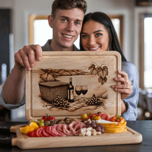 File di incisione per tagliere di salumi, bottiglia di vino retrò 3D, uva, decorazione da cucina