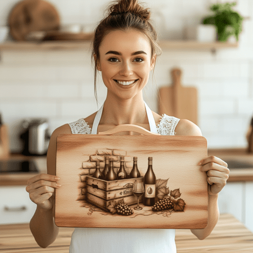 File di incisione per tagliere di salumi, bottiglie di vino retrò, decorazione cucina con muro di mattoni - immagine 6