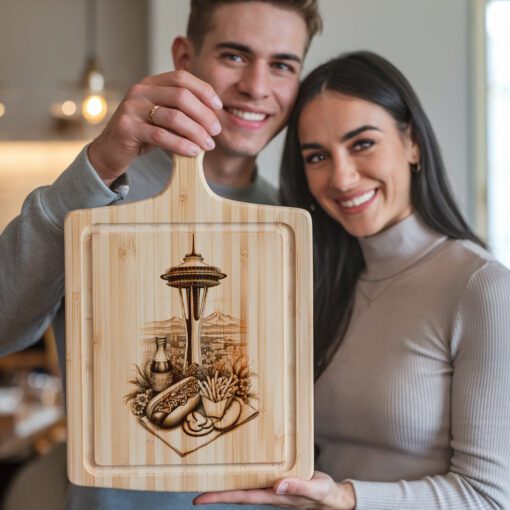 Charcuterie Board Engraving, Hotdog Stand and Space Needle,