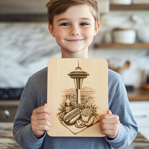 Charcuterie Board Engraving, Hotdog Stand and Space Needle,