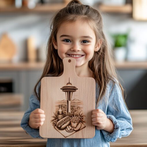 Charcuterie Board Engraving, Hotdog Stand and Space Needle,