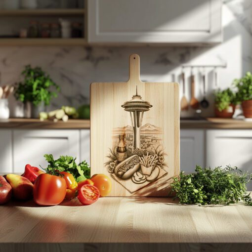 Charcuterie Board Engraving, Hotdog Stand and Space Needle,