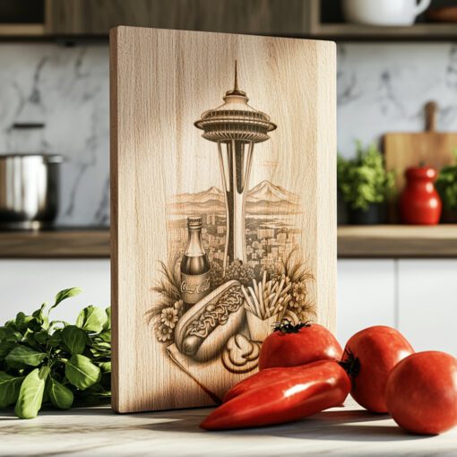 Charcuterie Board Engraving, Hotdog Stand and Space Needle,