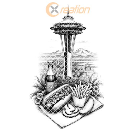 Charcuterie Board Engraving, Hotdog Stand and Space Needle,