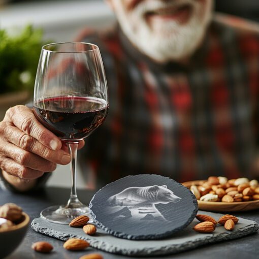 Cojín para bebidas de pizarra con diseño de montañas y oso en doble exposición, grabado láser de arte natural. - Imagen 2