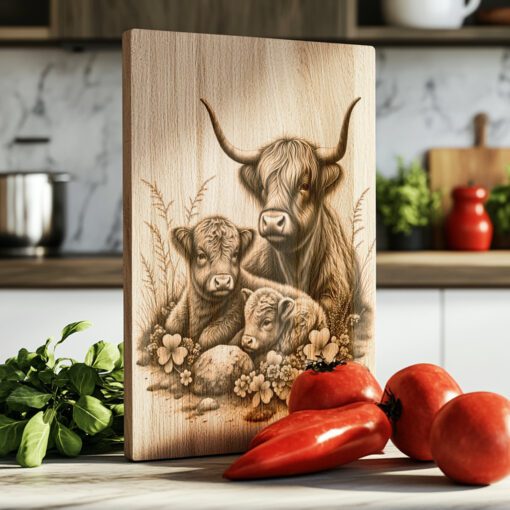 Family Highland Cows Laser Engraving File for Charcuterie