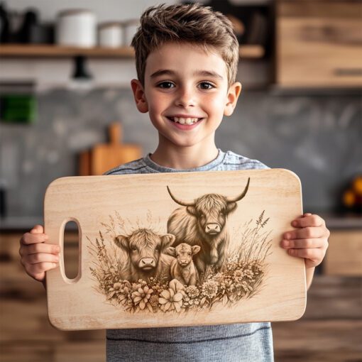 Highland Cow Family Charcuterie Board Engraving File, Meadow