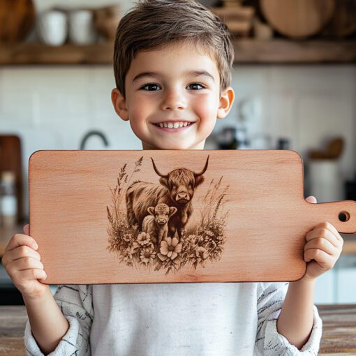 Highland Cow Family Charcuterie Board Engraving File, Rustic