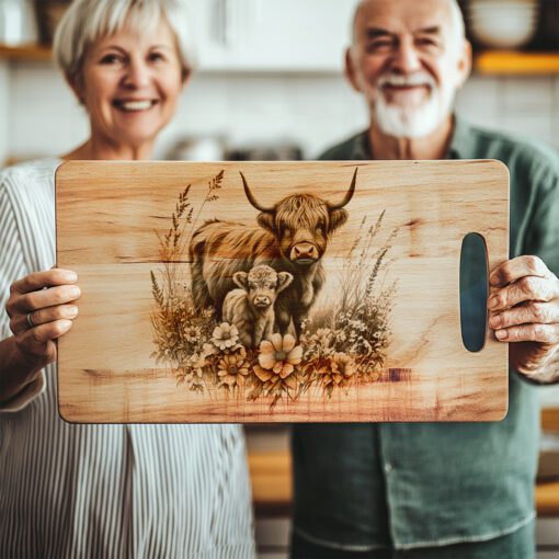 Highland Cow Family Charcuterie Board Engraving File, Rustic