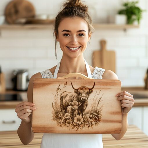 Highland Cow Family Charcuterie Board Engraving File, Rustic