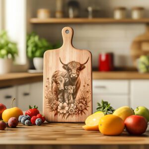 Highland Cow Wildflower Charcuterie Board Design, Kitchen Decor,