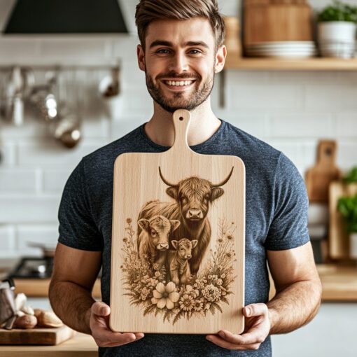 Highland Cow Wildflower Charcuterie Board Design, Kitchen Decor,