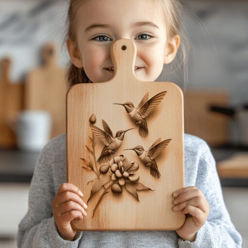 Hummingbird Family 3D Illusion Charcuterie Board Laser Engraving