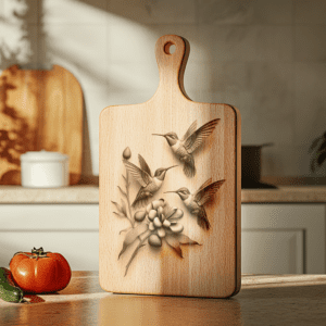 Hummingbird Family 3D Illusion Charcuterie Board Laser Engraving