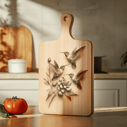 File di incisione laser per tagliere da affettati 3D dell'illusione della famiglia dei colibrì, decorazione per cucina