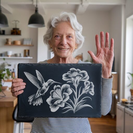 Hummingbird Flower Engraving Design for Slate Cheese Board,
