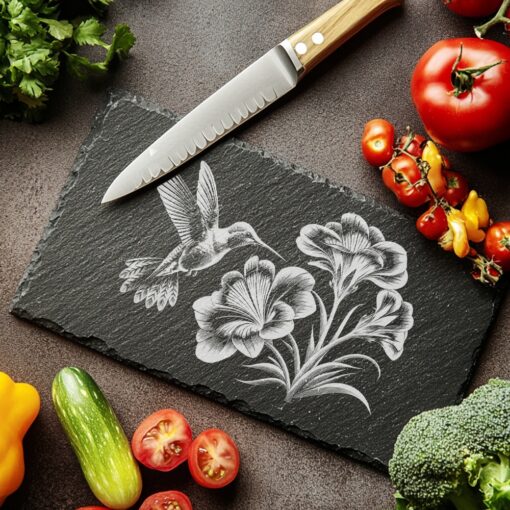 Hummingbird Flower Engraving Design for Slate Cheese Board,