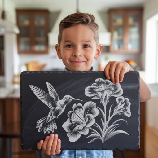 Hummingbird Flower Engraving Design for Slate Cheese Board,