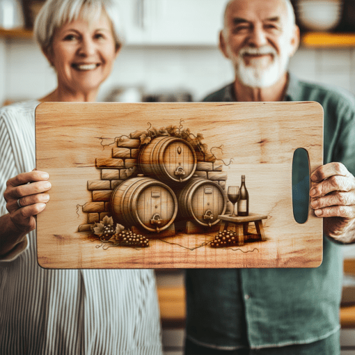 File laser inciso per tagliere da affettati in barrique di vino retrò, decorazione per cucina con muro di mattoni - immagine 4