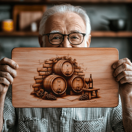 File laser inciso per tagliere da affettati in barrique di vino retrò, decorazione per cucina con muro di mattoni - immagine 5