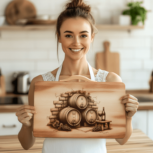 File laser inciso per tagliere da affettati in barrique di vino retrò, decorazione per cucina con muro di mattoni - immagine 6