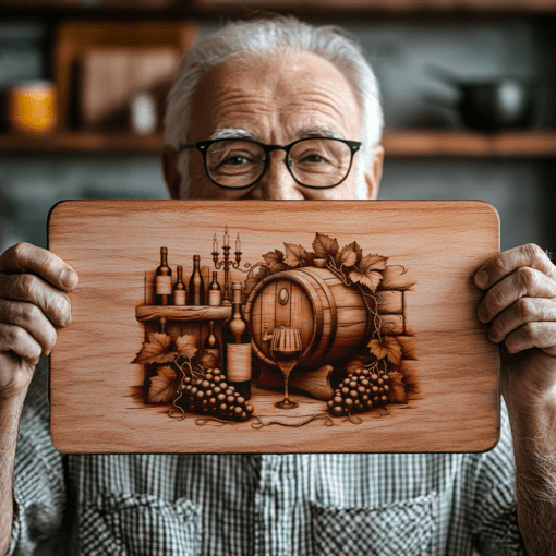 File per incisione laser per tagliere da affettati con bottiglia di vino retro e parete di mattoni, decorazione per cucina - immagine 4