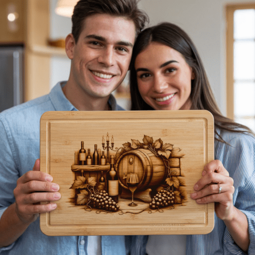 File per incisione laser per tagliere da affettati con bottiglia di vino retro e parete di mattoni, decorazione per cucina