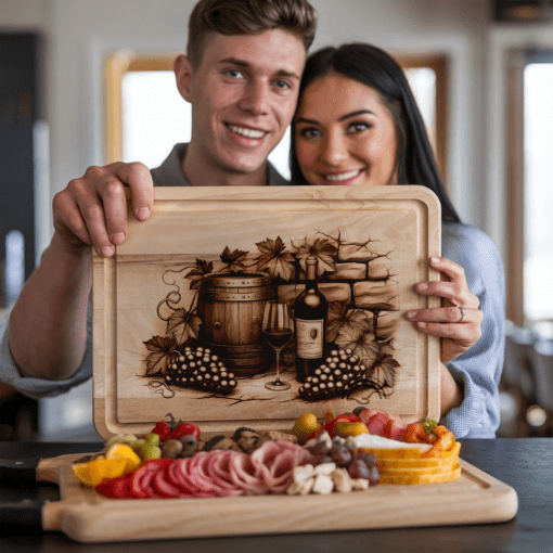 Retro Wine Bottle Charcuterie Board Engraving, Brick Wall