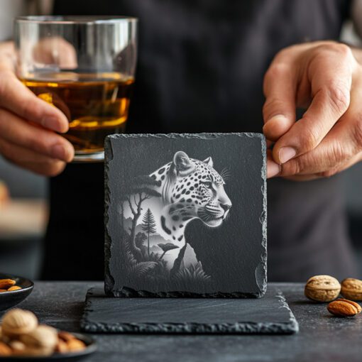 Slate Untersetzer Design, Lasergravur Muster, Doppelbelichtung Jaguar Wald Kunst Geschenk – Bild 3