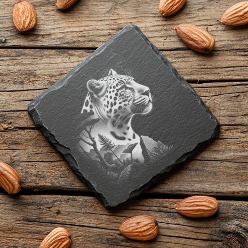Slate Untersetzer Design, Lasergravur Muster, Doppelbelichtung Jaguar Wald Kunst Geschenk – Bild 4