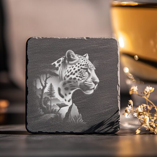 Slate Untersetzer Design, Lasergravur Muster, Doppelbelichtung Jaguar Wald Kunst Geschenk