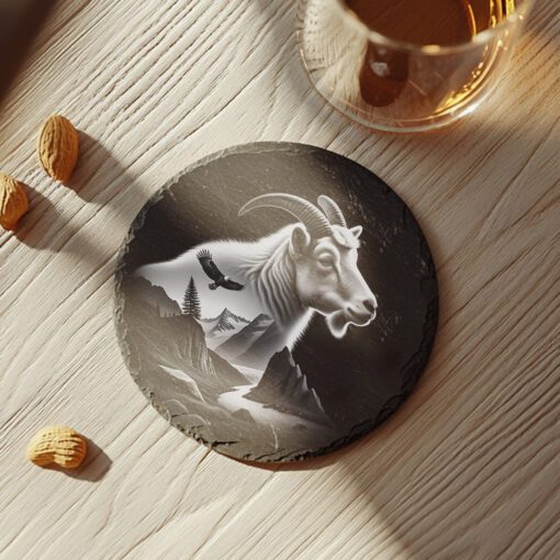 Diseño de grabado para posavasos de pizarra, Cabra montesa doble exposición, Arte de la naturaleza y vida salvaje