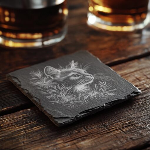 Slate Coaster Engraving File, 3D Cat and Flower,